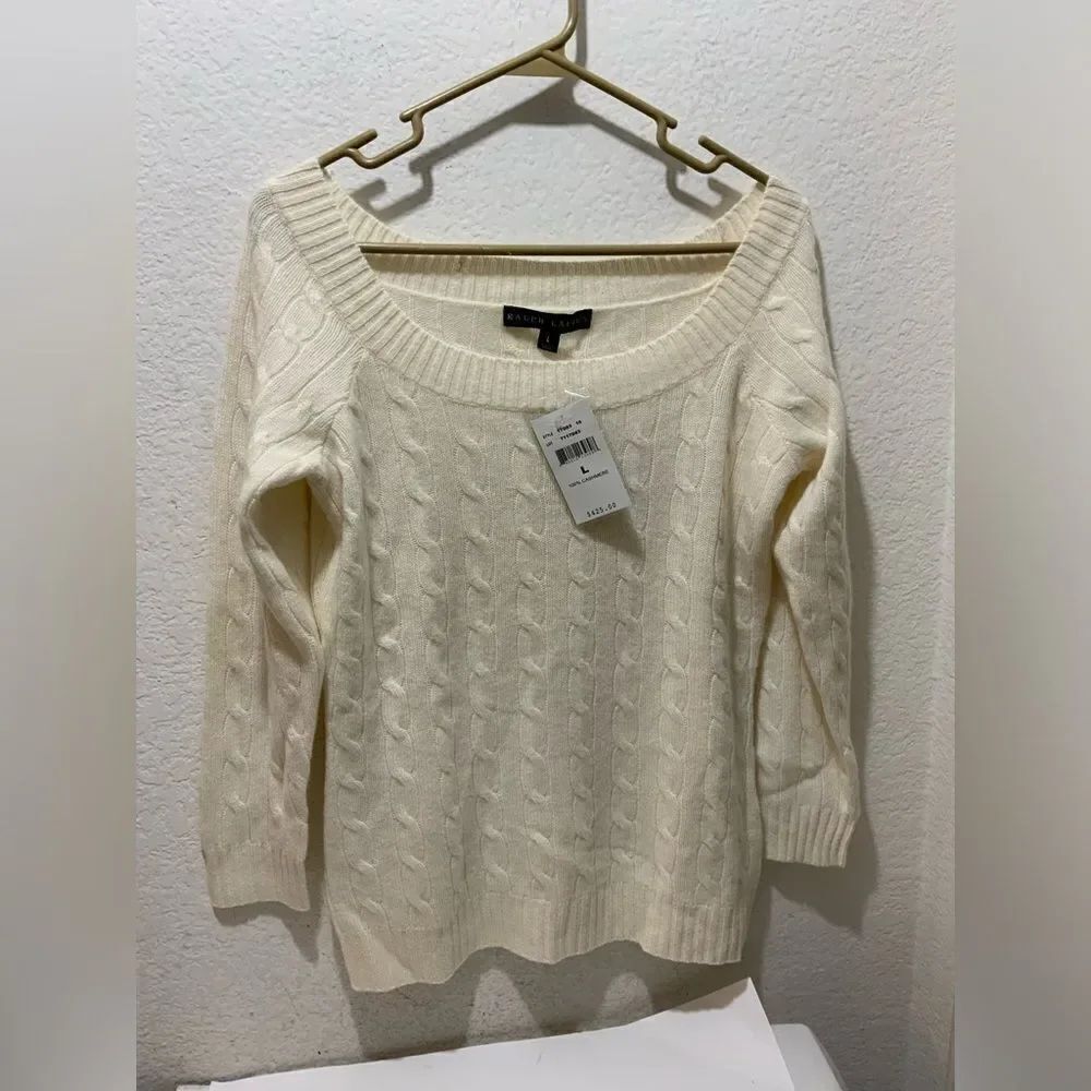 New Ralph Lauren Black Label 100% Cashmere Cable Knit Sweater Cream Color